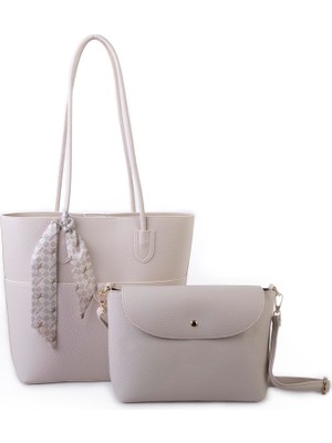  Nas Bag Kadın  Büyük Boy Ikili  Omuz Çanta Seti Krem Lopez