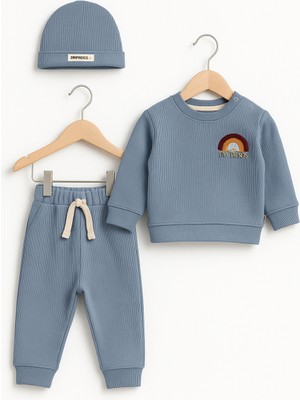 tinytrends %100 Pamuk Bebek&çocuk Gökkuşağı Nakışlı Bereli 3'lü Takım