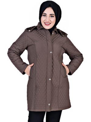 Kapüşonlu Kapitone Tesettür Mont  Kahverengi