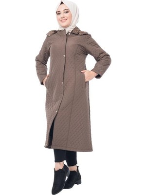 Kapüşonlu Kapitone Tesettür Mont  Kahverengi