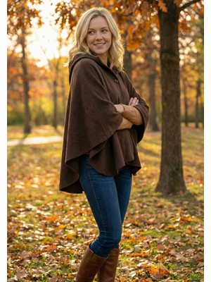 Exve Exclusive Kahverengi Sıcak Tutan Tüylenmez Polar Kapüşopnlu Unisex Outdoor Kampçı Panço Kışlık Düğmeli Şal