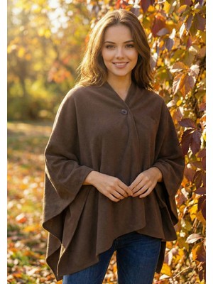 Exve Exclusive Kahverengi Sade Sıcak Tutan Tüylenmez Soft Polar Unisex Outdoor Kampçı Panço Kışlık Düğmeli Şal