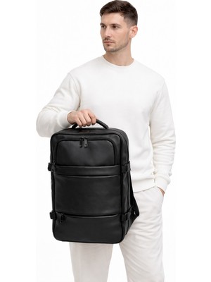 Çantachım Laptop Sırt Çantası 17.3" Inç Genişletilebilir Siyah Seyahat Uyumlu USB Aparatlı Deri Görünümlü