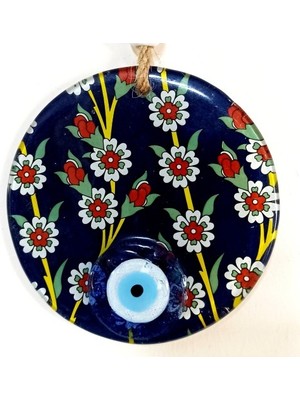 Ett Çiçek Desenli Lacivert Nazar Boncuklu Füzyon Cam Duvar Süsü Dinç Store - 004982