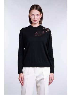 Sempre Kadın Yarım Balıkçı Dantel Detaylı Yün Kazak 2721 Siyah