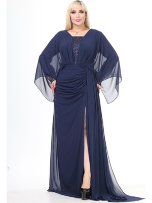 Ladies First Büyük Beden 3875 Lacivert Uzun Abiye Elbise