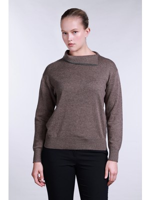 Sempre Kadın Yaka Detaylı Uzun Kollu Yün Kazak 2781 Kahverengi