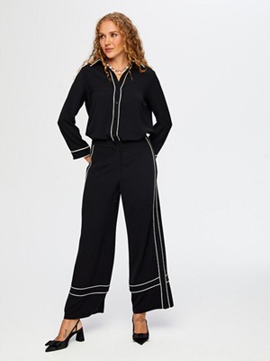 Faik Sönmez Kadın Wide Leg Normal Bel Dokuma Kumaş Geniş Paça Pantolon Beyaz Şerit Detaylı