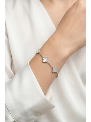 Rays Beyaz Küçük Yonca Figürlü Silver Renk Bileklik 0130