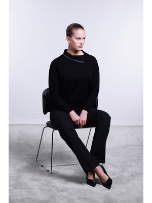 Sempre Kadın Yaka Detaylı Uzun Kollu Yün Kazak 2781 Siyah