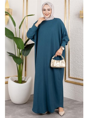 Lizay Yarasa Kollu Bürümcük Elbise Petrol