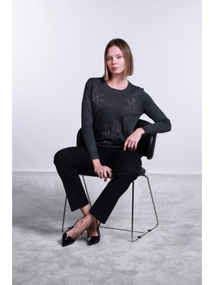 Sempre Kadın Bisiklet Yaka Pul Işlemeli Yün Kazak 2765 Koyu Gri