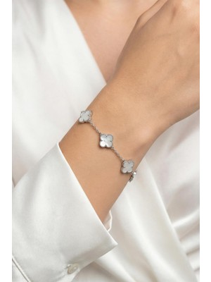 Rays Beyaz Yonca Figürlü Silver Renk Bileklik 0127