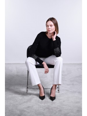 Sempre Kadın Kolları Taş Detaylı Bisiklet Yaka Kazak 2704 Siyah