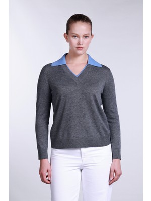 Sempre Kadın V Yaka Uzun Kollu Yün Kazak 2755 Gri-Mavi