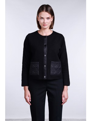 Sempre Kadın Torba Cepli Çift Kumaş Detaylı Hırka 2710 Siyah