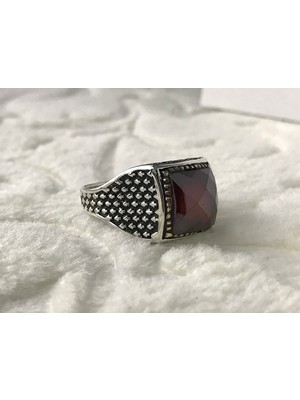 Canka Kırmızı Zirkon Taşlı 925 Ayar Gümüş Erkek Yüzük