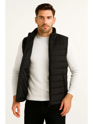 ModaSize Erkek Şişme Fermuarlı Yelek Su Itici Kapitone Astarlı Kumaş Cepli Hafif Kışlık Spor Rahat Kalıp - Siyah