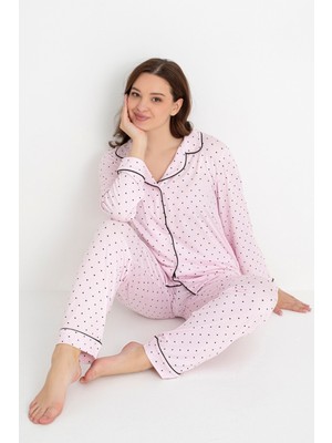 Frozen Dofi Kadın Açık Pembe Puantiyeli Pijama Takımı – Uzun Kollu, Düğmeli