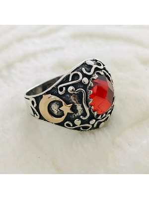 Canka Kırmızı Zirkon Taşlı 925 Ayar Gümüş Erkek Yüzük