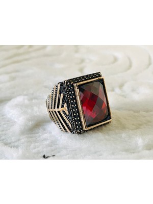 Canka Kırmızı Zirkon  Taşlı 925 Ayar Erkek Gümüş Yüzük