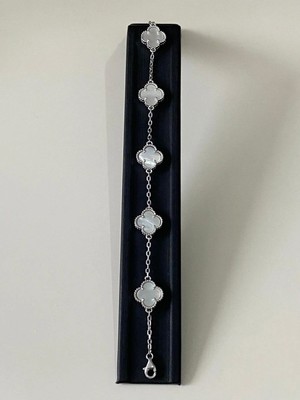 Siset Gümüş 925 Ayar Garanti Sertifikalı  Rodyum Kaplama  5 Yoncalı Sedef Taşlı Unısex Gümüş Bileklik