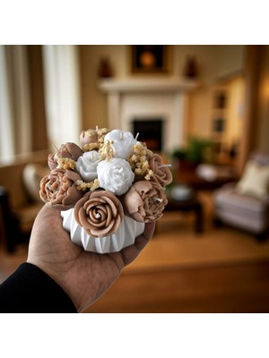 Hediye İstasyonum Kahverengi & Beyaz Çiçek Mum Vazosu | El Yapımı Taş Tozu Vazo | Kokulu Soya Wax Dekoratif Mum