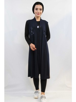 Moda Çizgi Pullu Nakış Işlemeli Yelek MC724 Lacivert