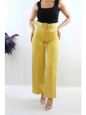 Moda Çizgi Kemerli Pantolon Yağ Yeşili
