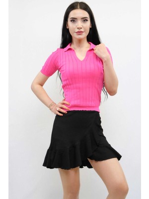 Moda Çizgi Gömlek Yaka Triko Bluz Fuşya