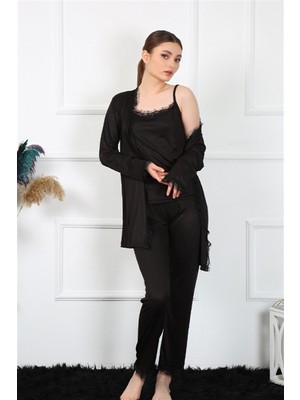 Moda Çizgi Kadın 3'lü Siyah Sabahlık Takım 16108
