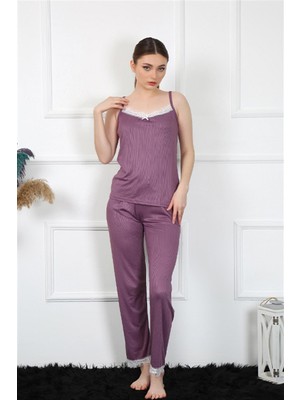 Moda Çizgi Kadın Ip Askılı Mürdüm Pijama Takım 4136