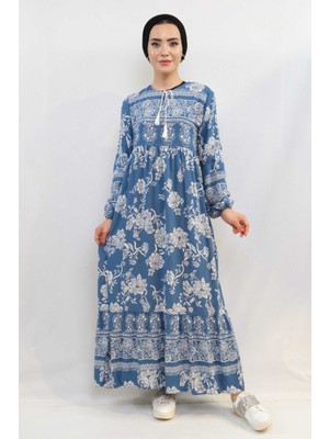 Moda Çizgi Vintage Desen Elbise Mavi