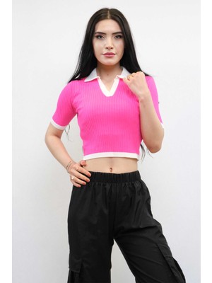 Moda Çizgi Renkli Yaka Triko Crop Pembe