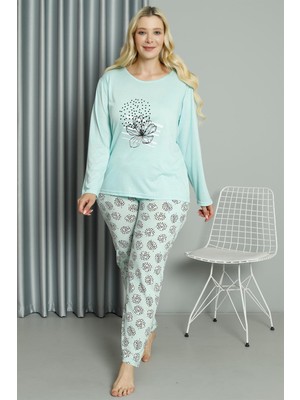 Moda Çizgi Kadın Büyük Beden Penye Uzun Kol Pijama Takım 202211