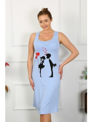 Moda Çizgi Kadın Kalın Askılı Penye Uzun Mavi Gecelik 12001