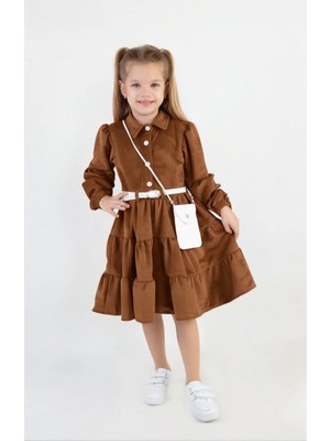 Cremix Kız Çocuk Çantalı Kemerli Kadife Elbise