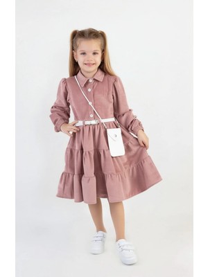 Cremix Kız Çocuk Çantalı Kemerli Kadife Elbise