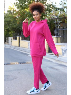 Moda Çizgi Kadın Pamuk Kapşonlu Cepli 3 Iplik Fuşya Eşofman Takım 9037
