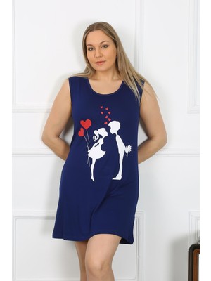 Moda Çizgi Kadın Büyük Beden Kalın Askılı Penye Diz Üstü Lacivert Gecelik 12501