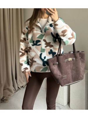 Leilaa Kamuflaj Desen Dik Yaka Polar Sweatshirt