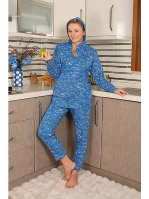 Moda Çizgi Kadın Pamuk Kapşonlu Cepli 3 Iplik Saks Eşofman Takım 9037