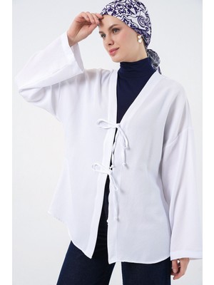 Hiccup Kadınlar BDART Keten Karışımlı Uzun Kollu Önü Bağcıklı Kimono Beyaz