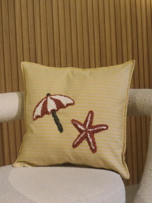 Arcosta El Yapımı Punch Nakışlı Kırlent Kılıfı - Sarı Çizgili Plaj Temalı (Şemsiye & Deniz Yıldızı)