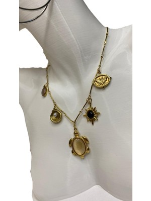 Kaplumbağa,deniz Kabuğu, Güneş, Madalyon Detaylı Bohem Şans Kolye (Çelik Gold)