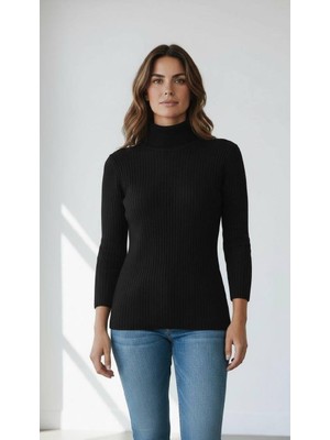 Miss Poem Kadın Siyah Fitilli Balıkçı Yaka Slim Fit Triko Kazak