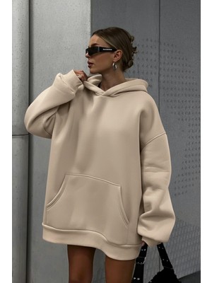 Guaraz Unısex Bej Yumuşacık Kumaşlı Oversize Fit Ici Polarlı Kapüşonlu Sweatshirt Hoodie