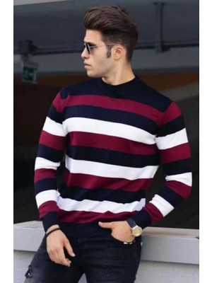 ModaSize Unisex Kalın Çizgili Bisiklet Yaka Triko Kazak - Bordo