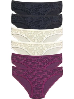 ModaSize 6 Adet Önü Dantelli Transparan Kadın Slip Külot S115