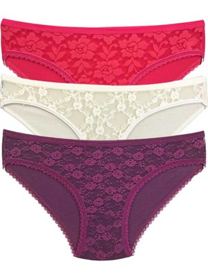 ModaSize 3 Adet Önü Dantelli Transparan Kadın Slip Külot S85